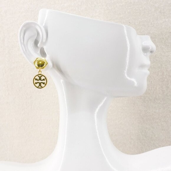 Tory Burch Hexagon Circle Logo Drop Earrings Gold OS - Picture 5 of 12